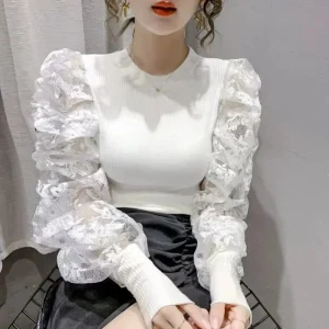 2025 Korean Lace Patchwork Slim T Shirts Spring New Long Sleeve Solid Color Elegant Tops Tees Temperament Vintage Women Clothing