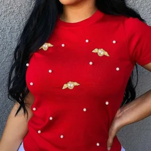 Women's fashionable casual round neck short sleeved pearl decoration short top for spring/summer 2025 new women's clothing